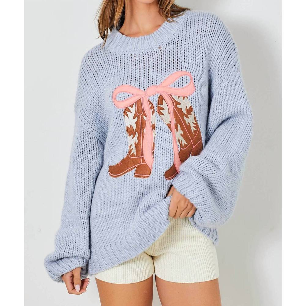 Cozy Light Blue Sweater with Pink Bow and Boot Design
